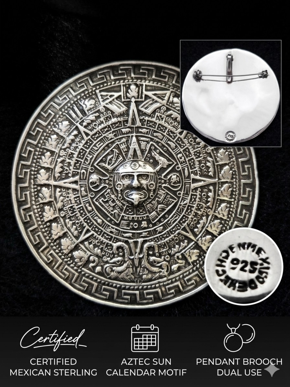 Sterling Silver Aztec Sun Calendar Pendant Brooch - Silver